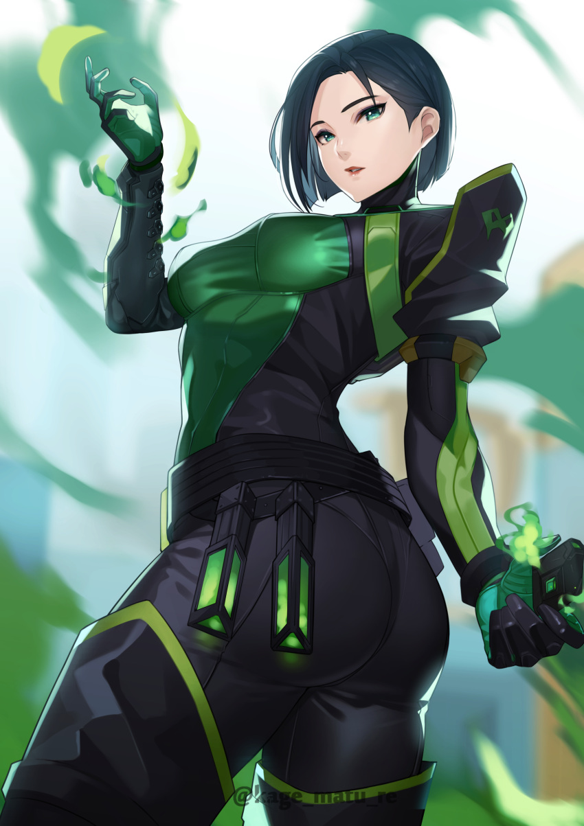 1girl absurdres armor ass belt black_belt black_bodysuit black_hair blurry blurry_background bodysuit breasts covered_mouth cowboy_shot explosive forehead from_behind green_bodysuit green_eyes green_smoke grenade hand_up highres holding holding_grenade holster kagematsuri lips looking_at_viewer looking_back looking_down medium_breasts no_mask parted_lips poison respirator short_hair shoulder_armor solo thigh-highs twisted_torso twitter_username two-tone_bodysuit valorant vial viper_(valorant)