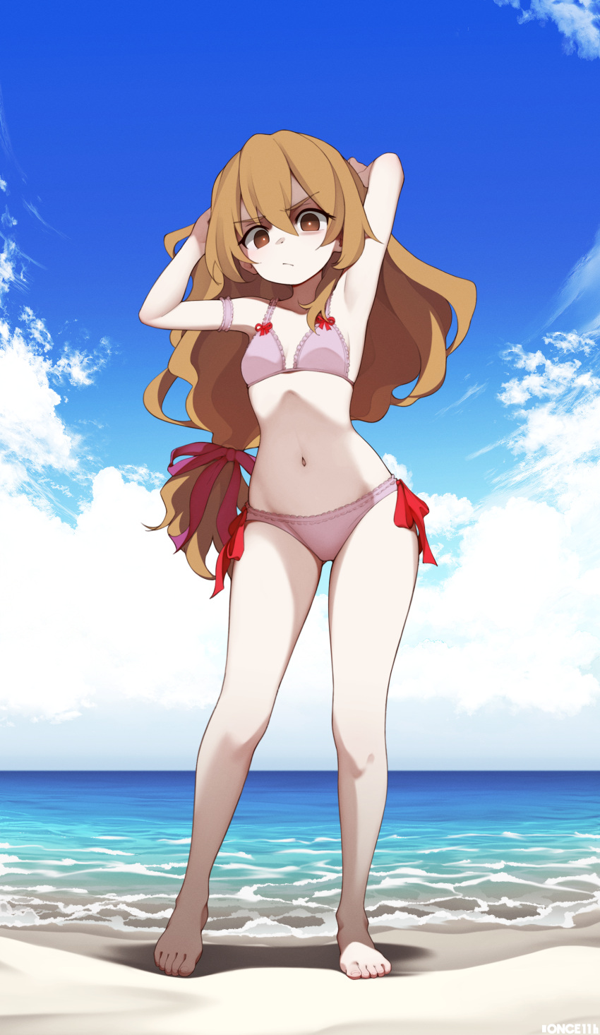 1girl :/ absurdres aisaka_taiga armband armpits arms_up artist_logo ass_visible_through_thighs bangs bare_shoulders beach bikini bow bow_bikini breasts bright_pupils brown_eyes closed_mouth clouds cloudy_sky collarbone commission commissioner_upload day flipped_hair frilled_armband frilled_bikini frills full_body groin hair_between_eyes hair_bow hair_ornament hair_ribbon highres lavender_bikini light_brown_hair light_frown long_hair looking_at_viewer low_ponytail navel non-web_source ocean once_11h red_bow red_ribbon ribbon sand sidelocks sky small_breasts solo standing stomach swimsuit toradora! very_long_hair wavy_hair white_pupils