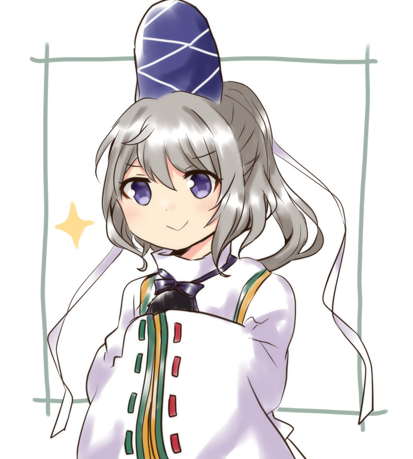 1girl :&gt; bangs black_ribbon blue_eyes blue_headwear closed_mouth commentary_request green_ribbon grey_hair hands_in_opposite_sleeves hat highres japanese_clothes kariginu long_sleeves medium_hair mononobe_no_futo ponytail pppia725 red_ribbon ribbon ribbon-trimmed_sleeves ribbon_trim silver_hair skirt smile solo sparkle tate_eboshi touhou white_ribbon wide_sleeves