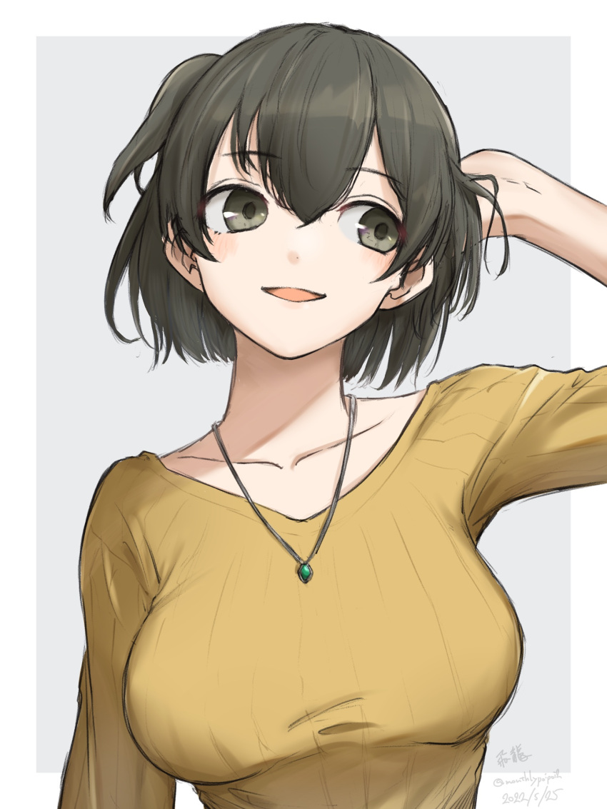 1girl bangs black_eyes black_hair blush breasts character_name dated eyebrows_visible_through_hair gem green_gemstone hand_in_own_hair highres hiryuu_(kancolle) jewelry kantai_collection large_breasts looking_to_the_side necklace official_alternate_costume one_side_up orange_sweater parted_lips short_hair simple_background solo sweater twitter_username two-tone_background umibudou upper_body yellow_sweater