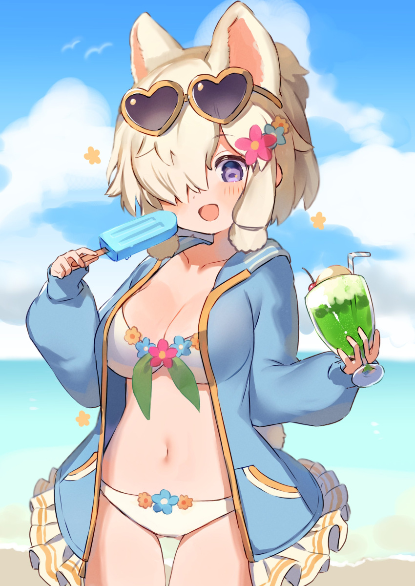 1girl absurdres alpaca_ears alpaca_girl alpaca_suri_(kemono_friends) alpaca_tail alternate_costume animal_ears beach bikini blue_eyes blue_sweater blush cardigan extra_ears eyebrows_visible_through_hair eyewear_on_head floral_print flower food hair_bun hair_flower hair_ornament hair_over_one_eye hair_tubes highres kemono_friends long_sleeves noamem ocean open_cardigan open_clothes parfait popsicle short_hair sky solo sunglasses sweater swimsuit tail white_bikini white_hair