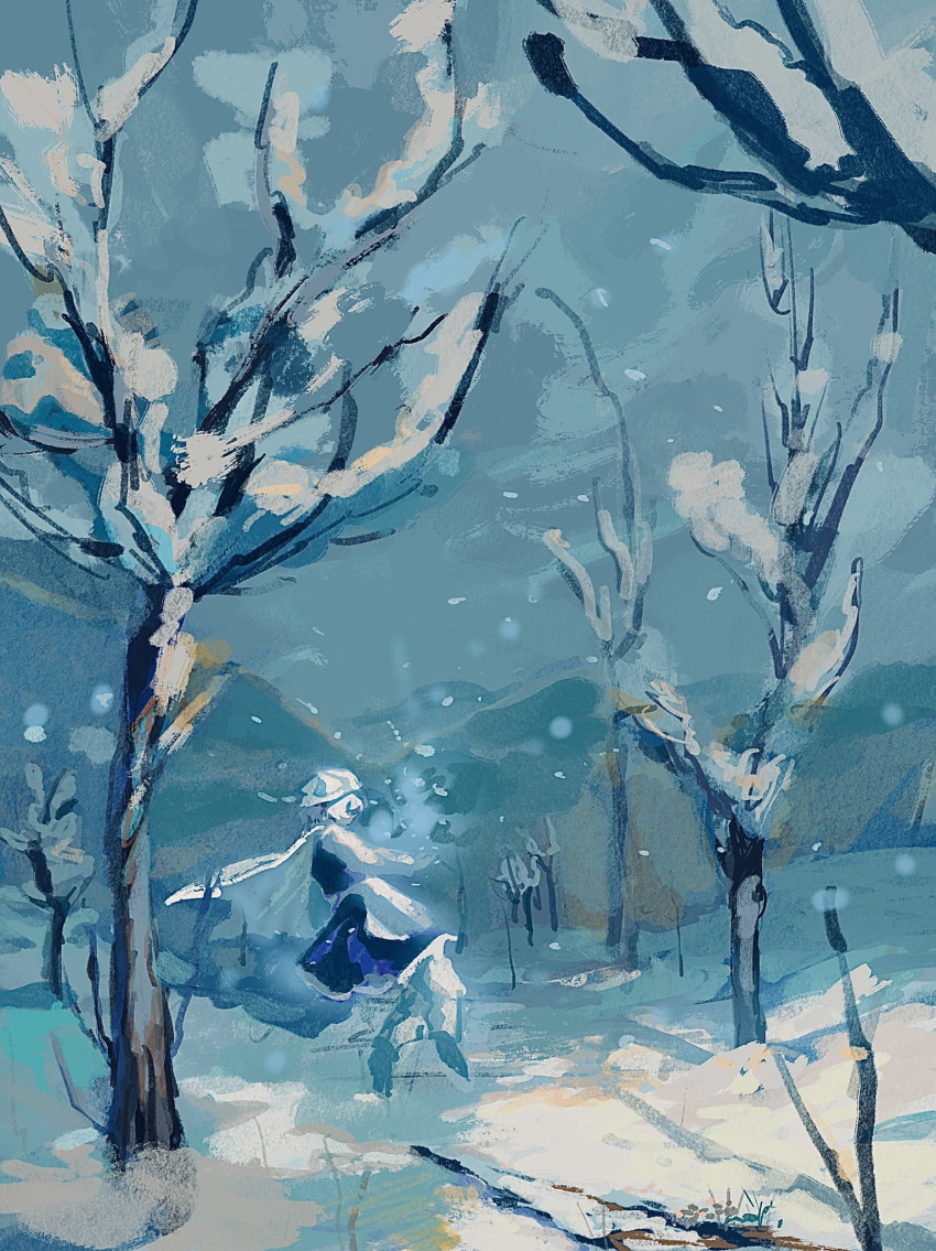 1girl apron aura blue_skirt blue_vest cape commentary floating forest from_side highres letty_whiterock long_sleeves looking_away nature nixyaooooon pants scenery shirt short_hair skirt skirt_set snow snowing solo sprout touhou vest waist_apron white_cape white_hair white_pants white_shirt winter