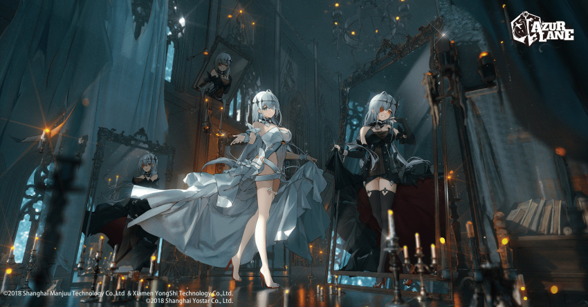 1girl absurdres ahoge azur_lane bangs bare_shoulders black_dress blue_hair boots breasts bridal_gauntlets buttons caaaaarrot candle chain copyright_name curtains day dress dual_persona emden_(azur_lane) evil_smile flower full_body high_heel_boots high_heels highres holding indoors jewelry large_breasts leotard lock logo long_hair mirror official_art padlock padlocked_collar parted_lips red_eyes red_flower red_rose reflection rose shiny shiny_hair short_dress silver_hair simple_background smile thigh-highs thigh_boots thighs tiara white_flower white_rose window yostar