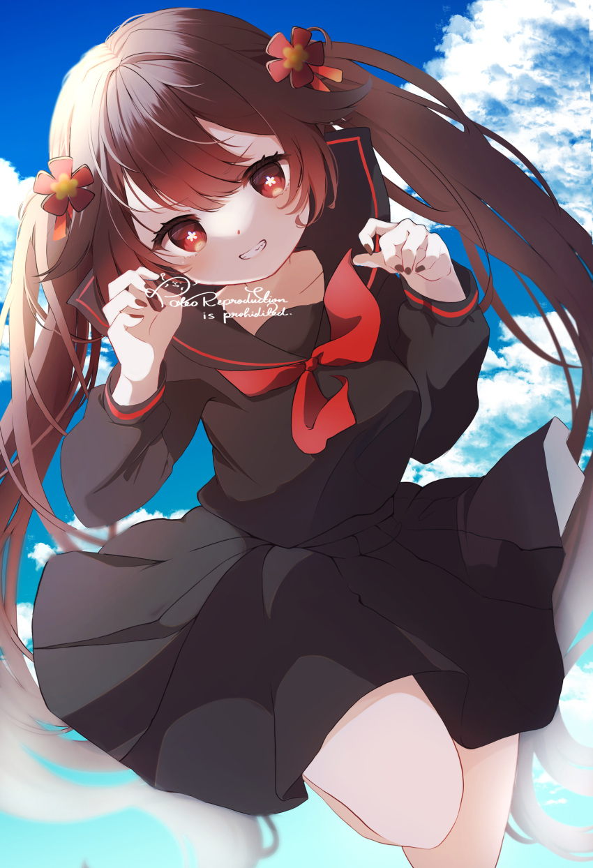 1girl absurdres ascot black_skirt brown_eyes brown_hair clear_sky clouds flower-shaped_pupils genshin_impact hair_between_eyes highres hu_tao_(genshin_impact) long_hair long_sleeves looking_at_viewer nail_polish pleated_skirt poteo sailor_collar school_uniform serafuku sidelocks skirt sky symbol-shaped_pupils teeth twintails