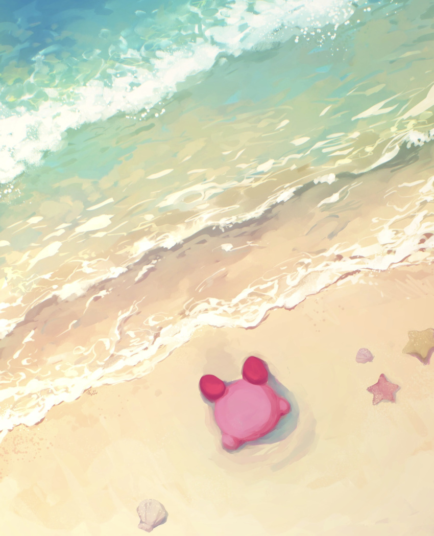 beach day highres kirby kirby's_dream_land kirby_(series) kirby_and_the_forgotten_land lying ocean on_stomach oomoto_makiko outdoors sand shell solo star_(symbol) suyasuyabi waves