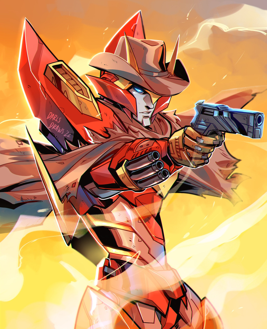 1boy absurdres autobot blue_eyes brown_headwear cowboy_hat dust english_commentary gun hat highres holding holding_gun holding_weapon lina_rojas male_focus mecha no_humans one_eye_covered parted_lips rodimus science_fiction solo the_transformers_(idw) transformers weapon western_comics_(style)