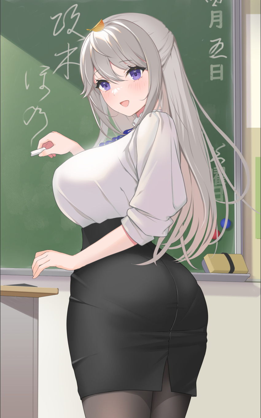 1girl absurdres ass bangs blush breasts chalkboard character_request classroom copyright_request highres large_breasts long_hair looking_at_viewer looking_back nanam_(nanam_sk) open_mouth original pantyhose silver_hair sleeves_rolled_up smile solo straight_hair teacher tight violet_eyes