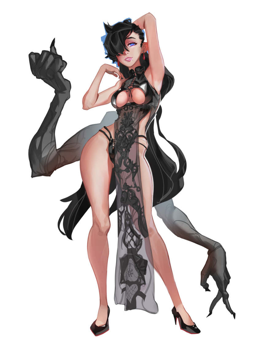1girl arm_behind_head arm_up armpits ass_visible_through_thighs bangs bare_shoulders black_dress black_panties blue_eyes breasts china_dress chinese_clothes clothing_cutout contrapposto dress earrings eximmetry extra_arms hair_over_one_eye hand_up high_collar high_heels highres jewelry latex lips long_hair medium_breasts mole mole_under_mouth original panties parted_lips ponytail revealing_clothes see-through simple_background solo thighs thong under_boob underboob_cutout underwear very_long_hair white_background wide_hips