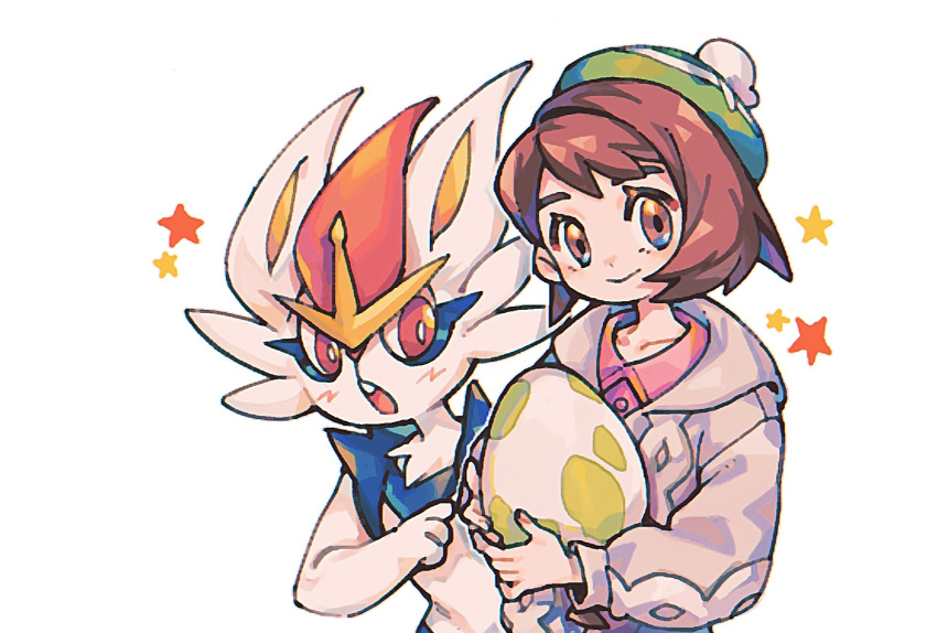 1girl bob_cut brown_eyes brown_hair buttons cable_knit cardigan cinderace closed_mouth collared_dress commentary_request dress egg gloria_(pokemon) green_headwear grey_cardigan hat highres holding holding_egg hooded_cardigan pink_dress pokemon pokemon_(creature) pokemon_(game) pokemon_egg pokemon_swsh short_hair simple_background smile star_(symbol) tako2_eaka tam_o'_shanter upper_body white_background