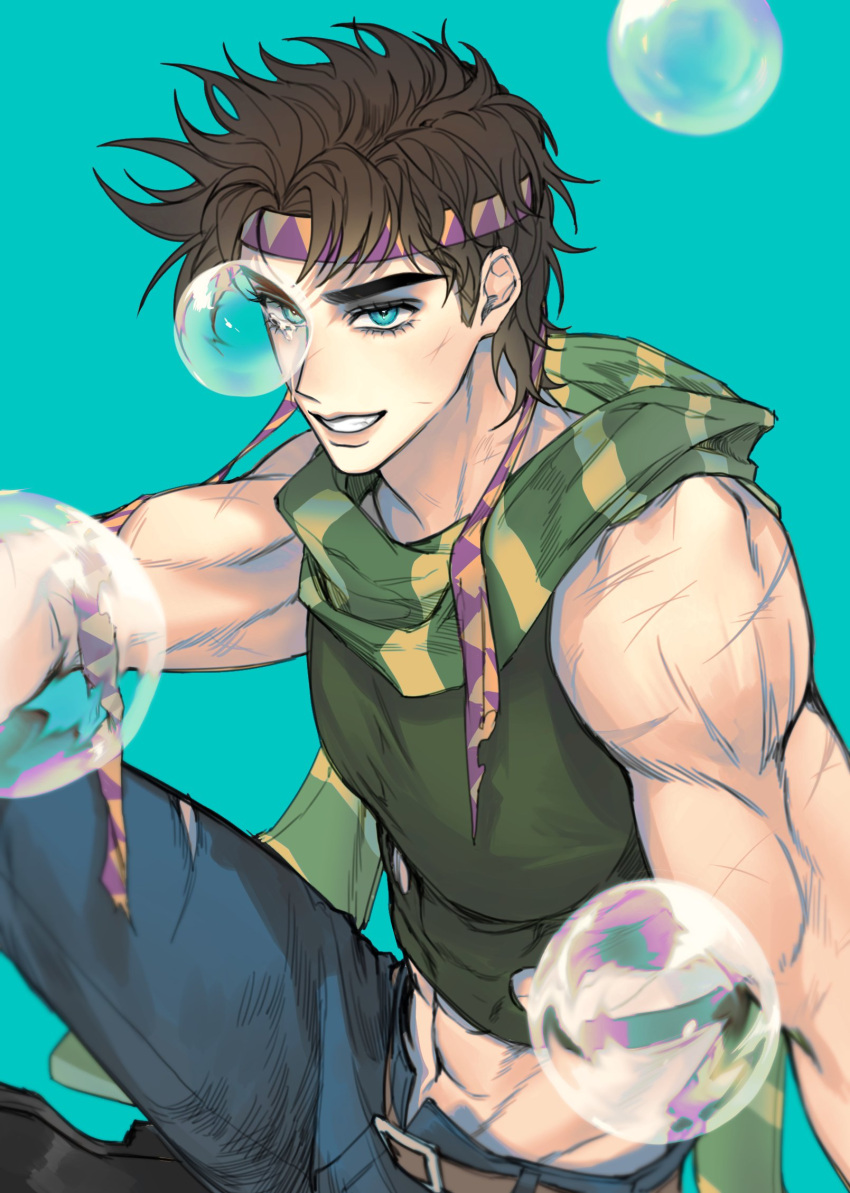 1boy abs bare_shoulders battle_tendency blue_eyes brown_hair bubble crop_top denim fingerless_gloves gloves green_scarf grin headband highres jeans jojo_no_kimyou_na_bouken joseph_joestar joseph_joestar_(young) male_focus midriff multicolored_clothes multicolored_scarf pants ranch_jjba scarf sitting smile solo striped striped_scarf vertical-striped_scarf vertical_stripes yellow_scarf