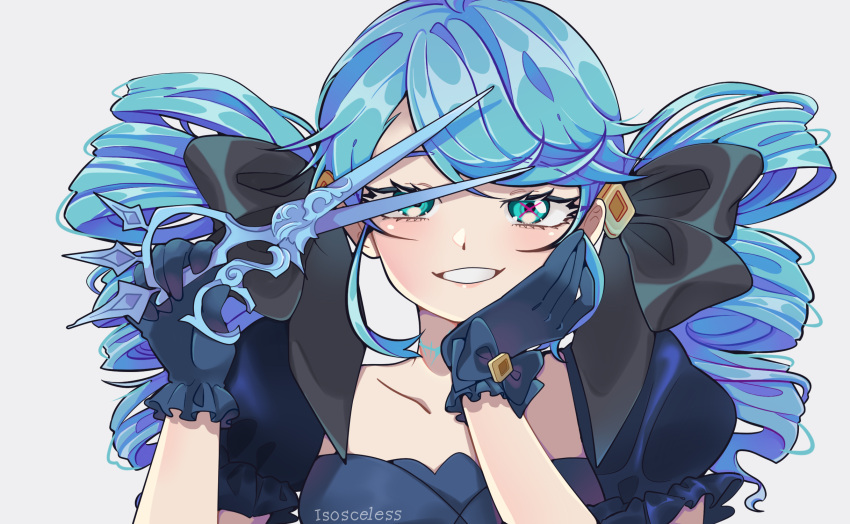 1girl artist_name bangs blue_eyes blue_hair blush bow collarbone drill_hair frilled_gloves frills gloves grin gwen_(league_of_legends) hair_bow hairband hand_on_own_cheek hand_on_own_face highres holding holding_scissors isosceless league_of_legends long_hair oversized_object puffy_short_sleeves puffy_sleeves scar scissors short_sleeves smile smirk solo teeth twin_drills twintails