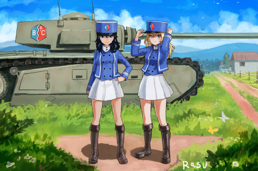 2girls andou_(girls_und_panzer) arl-44 artist_name bangs bc_freedom_(emblem) bc_freedom_military_uniform black_hair blonde_hair blue_eyes blue_headwear blue_jacket blue_vest boots brown_footwear dark-skinned_female dark_skin dnjd15411541 dress_shirt emblem full_body girls_und_panzer ground_vehicle hat high_collar highres jacket kepi long_sleeves looking_at_viewer medium_hair messy_hair military military_hat military_vehicle motor_vehicle multiple_girls oshida_(girls_und_panzer) pleated_skirt shirt skirt smile tank vest white_shirt white_skirt