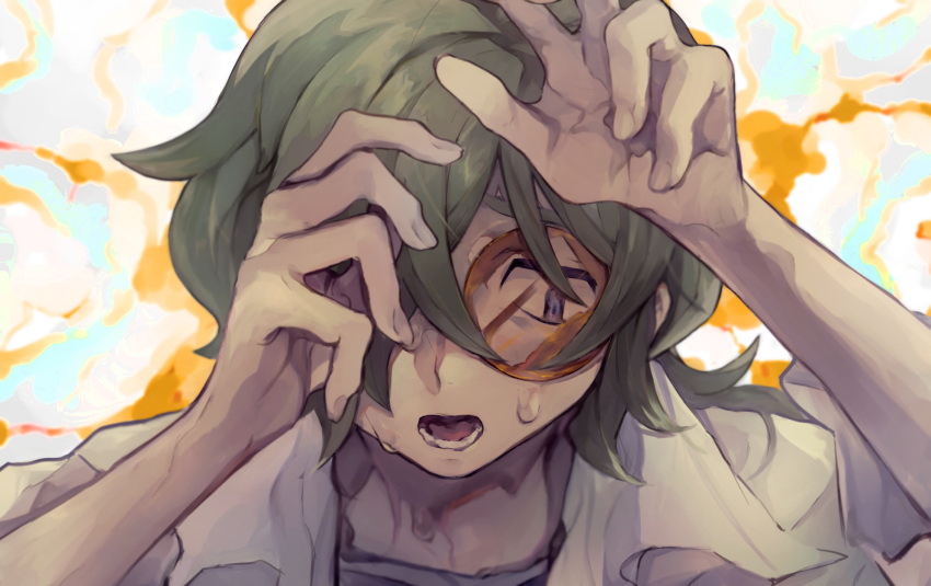 1boy arms_up bangs commentary_request green_hair grey_eyes highres labcoat long_hair looking_down lower_teeth male_focus mimura_(nnnnnnnnmoo) open_mouth pokemon pokemon_(anime) pokemon_m21 round_eyewear shirt solo sweat teeth tongue toren_(pokemon) upper_body