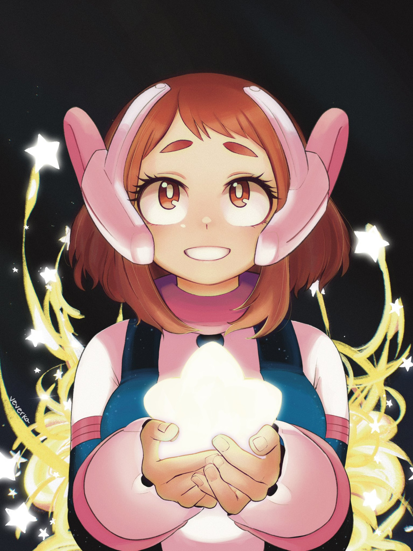 1girl bangs black_background boku_no_hero_academia breasts brown_eyes brown_hair headgear highres holding large_breasts looking_up open_mouth reallyveverka shirt signature sky smile solo star_(sky) star_(symbol) starry_sky tight tight_shirt uraraka_ochako