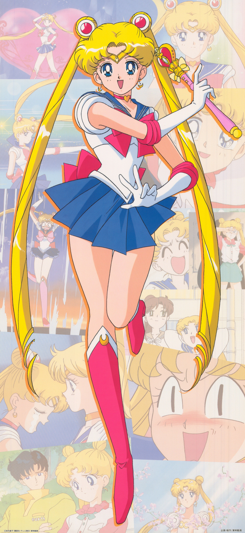 1990s_(style) 1boy 3girls absurdres aino_minako back_bow bangs bishoujo_senshi_sailor_moon blonde_hair blue_eyes blue_skirt blush boots bow casual chiba_mamoru choker closed_eyes crescent crescent_earrings double_bun earrings elbow_gloves full_body gloves heart heart_choker highres holding holding_wand inner_senshi jewelry kino_makoto knee_boots leotard long_hair looking_at_viewer miniskirt multiple_girls non-web_source nose_blush official_art open_mouth pink_footwear pleated_skirt pose retro_artstyle sailor_moon sailor_senshi sailor_senshi_uniform scan skirt solo_focus tiara tsukino_usagi twintails very_long_hair wand