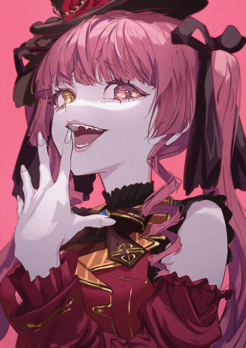 1girl absurdres bangs black_headwear black_ribbon bow bowtie brown_bow brown_bowtie drill_hair eyebrows_visible_through_hair hair_ribbon hand_up hat heterochromia highres hololive houshou_marine jacket laughing long_hair long_sleeves looking_at_viewer ojou-sama_pose open_mouth pink_background red_eyes red_jacket redhead ribbon roitz_(_roitz_) sidelocks solo twin_drills twintails upper_body virtual_youtuber yellow_eyes