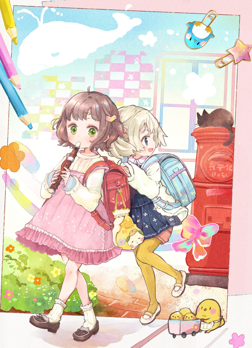 2girls :d absurdres ankle_socks backpack bag bag_charm bangs bird blonde_hair blue_eyes blush bow brown_hair cardigan cat charm_(object) chick child dress floral_print frilled_dress frilled_sleeves frills green_eyes hacosumi hair_bow hair_ornament hairpin hand_on_another's_shoulder highres holding holding_instrument instrument long_sleeves looking_at_viewer looking_to_the_side mary_janes multiple_girls open_mouth original pantyhose paperclip postbox_(outgoing_mail) rainbow_gradient randoseru recorder shirt shoes short_dress short_hair shorts smile socks standing standing_on_one_leg stationery striped striped_legwear walking watercolor_background whale