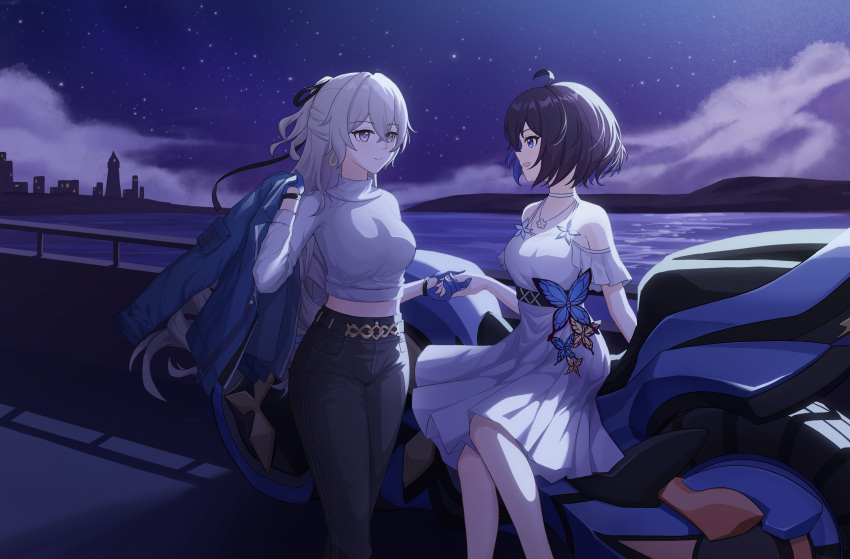 2girls absurdres bangs bare_shoulders black_hair black_pants blue_eyes blue_gloves blue_hair breasts bronya_zaychik bronya_zaychik_(silverwing:_n-ex) broseele closed_mouth commentary_request dress eyebrows_visible_through_hair feet_out_of_frame gloves grey_eyes grey_hair ground_vehicle hair_between_eyes highres holding holding_another's_arm holding_clothes holding_jacket honkai_(series) honkai_impact_3rd jacket leaning_against_motorcycle long_hair looking_at_another motor_vehicle motorcycle multicolored_hair multiple_girls night open_mouth outdoors pants seele_vollerei short_hair sleeveless smile two-tone_hair white_dress