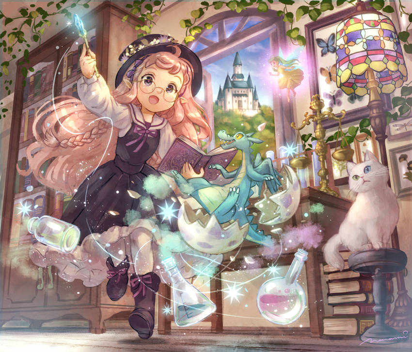 2girls animal black_dress black_footwear blue_eyes book book_stack bookshelf boots bottle bow braid bug butterfly castle cat commentary dragon dress egg fairy fairy_wings fantasy flower framed_insect glasses hair_bow hat hat_flower highres holding holding_book holding_wand indoors lamp long_hair magic minigirl multiple_girls nanami_tomorou open_mouth original pink_hair pointy_ears potion purple_bow rimless_eyewear scales signature symbol-only_commentary twintails wand white_legwear window wings yellow_dress