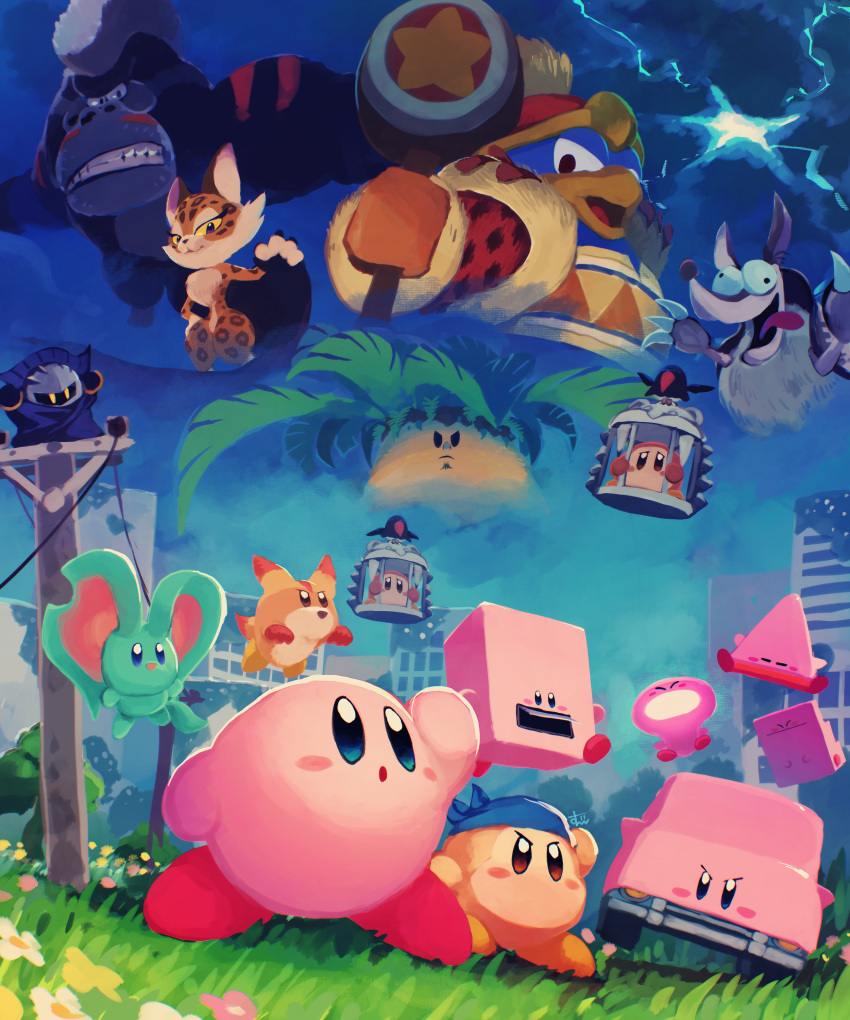 absurdres bandana_waddle_dee cable cape car_mouth city clawroline claws closed_eyes clouds cloudy_sky cone_mouth elfilin floating flower furry furry_female furry_male gorimondo grass hammer hat highres king_dedede kirby kirby's_dream_land kirby_(series) kirby_and_the_forgotten_land light_bulb_mouth looking_to_the_side mask meta_knight oomoto_makiko open_mouth outdoors prison shoulder_pads sillydillo sky stairs_mouth suyasuyabi teeth tongue tropic_woods vending_mouth waddle_dee