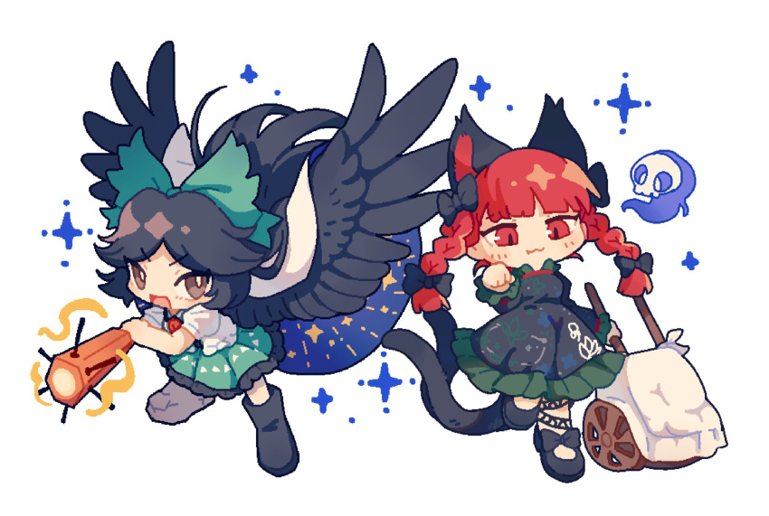 2girls :3 :d animal_ears arm_cannon bangs bei_iii bird_wings black_bow black_footwear black_hair blush boots bow brown_eyes capelet cat_ears chibi commentary dress extra_ears footwear_bow green_bow green_dress green_skirt hair_bow highres hitodama holding_own_arm kaenbyou_rin leg_strap long_hair looking_at_viewer multiple_girls multiple_tails nekomata parted_bangs paw_pose puffy_short_sleeves puffy_sleeves redhead reiuji_utsuho shirt shoes short_sleeves skirt smile star_(symbol) tail third_eye touhou two_tails v-shaped_eyebrows very_long_hair weapon wheelbarrow white_capelet white_shirt wings