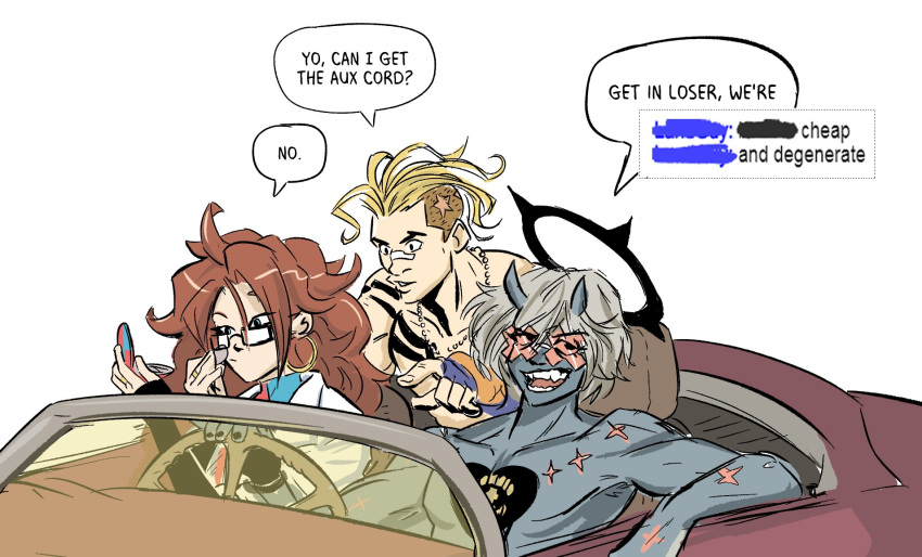 1girl 2boys android_21 applying_makeup bandaid bandaid_on_face bandaid_on_nose black_nails blonde_hair blue_skin brown_hair car colored_skin compact_(cosmetics) convertible crossover dragon_ball dragon_ball_fighterz driving earrings english_commentary english_text glasses ground_vehicle guilty_gear guilty_gear_strive halo happy_chaos highres hoop_earrings horns jewelry jonathan_ying labcoat luke_sullivan mma_gloves motor_vehicle multiple_boys multiple_crossover muscular muscular_male oni_horns pink-tinted_eyewear ring scar sidecut speech_bubble street_fighter street_fighter_v tattoo tinted_eyewear topless_male trait_connection