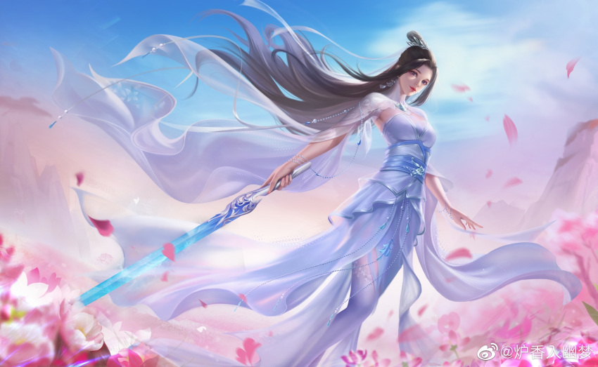 1girl beads blue_eyes dress feng_wu_huai_hua_2020 hair_bun highres long_hair lu_xueqi_(zhu_xian) petals sash smile solo sword thigh-highs weapon white_dress zhu_xian