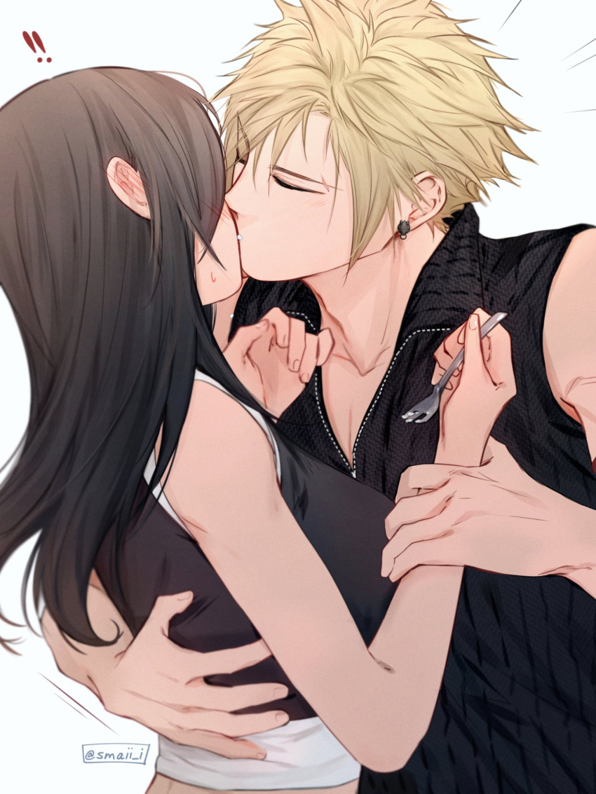! !! 1boy 1girl bare_shoulders black_hair blonde_hair blush brown_hair closed_eyes cloud_strife collarbone couple earrings final_fantasy final_fantasy_vii final_fantasy_vii_advent_children food food_on_face fork hand_on_another's_arm hand_on_another's_back highres holding holding_fork hug jewelry kiss long_hair maiii_(smaii_i) shirt sleeveless sleeveless_shirt spiky_hair tifa_lockhart twitter_username