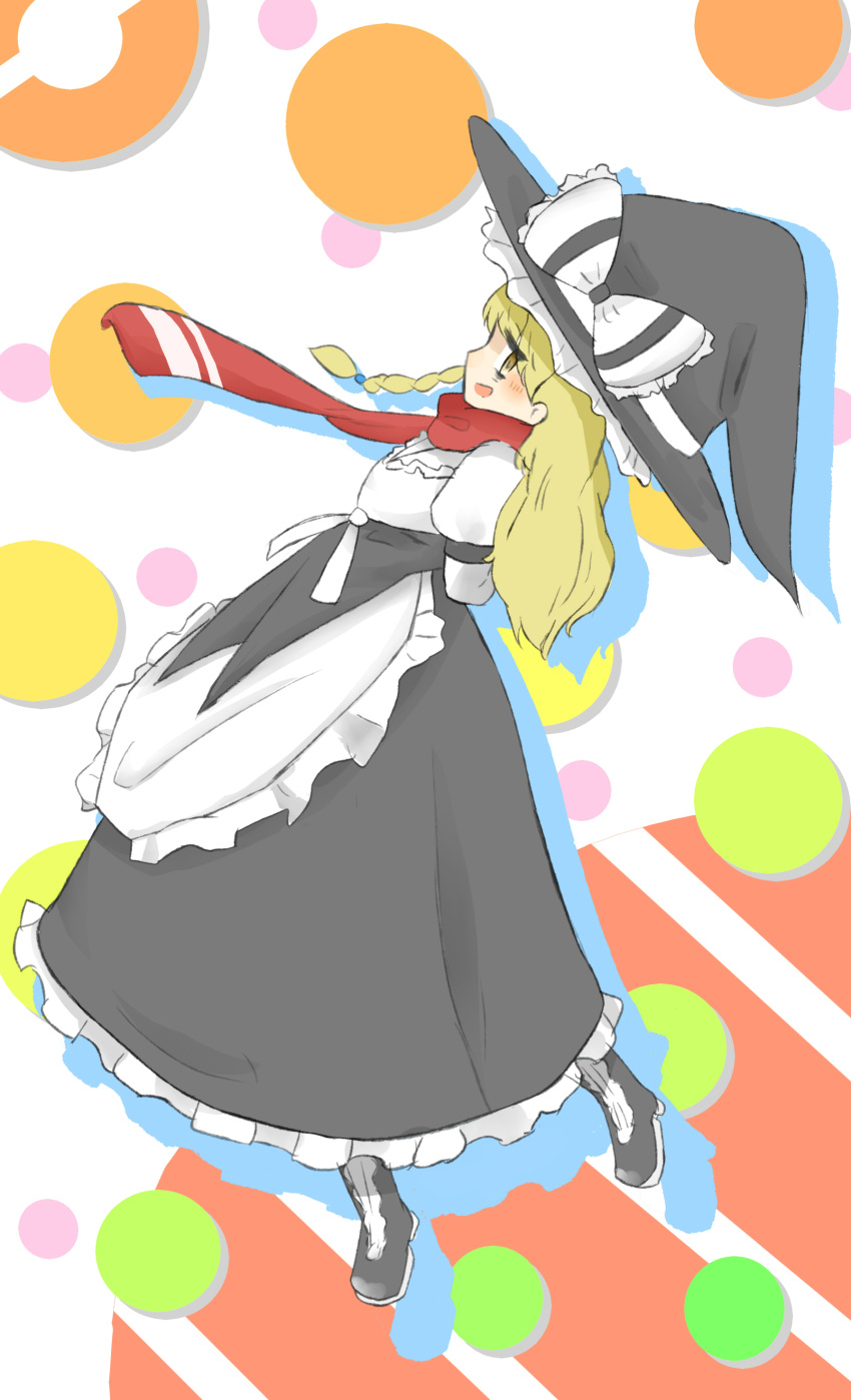 1girl absurdres apron arms_behind_back bags_under_eyes bangs black_footwear black_headwear black_skirt blonde_hair blush boots bow braid colored_shadow commentary_request cookie_(touhou) eyebrows_visible_through_hair frilled_apron frilled_bow frilled_skirt frills full_body hat hat_bow highres juliet_sleeves kirisame_marisa long_hair long_sleeves looking_at_viewer looking_to_the_side mars_(cookie) open_mouth puffy_sleeves red_scarf scarf shadow shirt side_braid single_braid skirt smile solo touhou waist_apron white_apron white_background white_bow white_shirt witch_hat yellow_eyes yumekamaborosh
