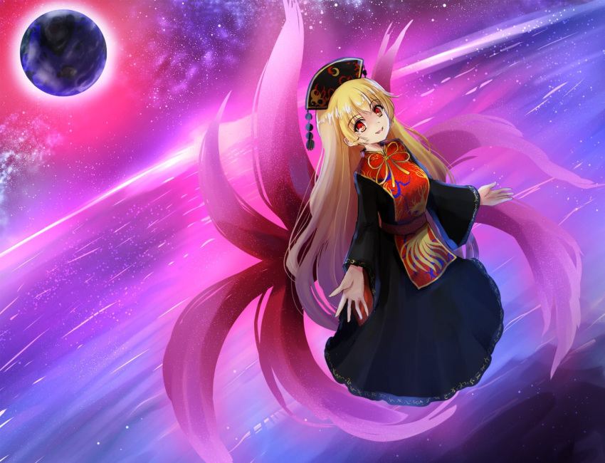 1girl aura black_dress blonde_hair breasts chinese_clothes commentary_request crescent dress earth_(planet) energy flying junko_(touhou) kachuten long_dress long_hair long_sleeves medium_breasts moon multiple_tails parted_lips phoenix_crown planet pom_pom_(clothes) red_eyes red_sash red_tabard ribbon sash solo space tabard tail touhou very_long_hair wide_sleeves yellow_ribbon