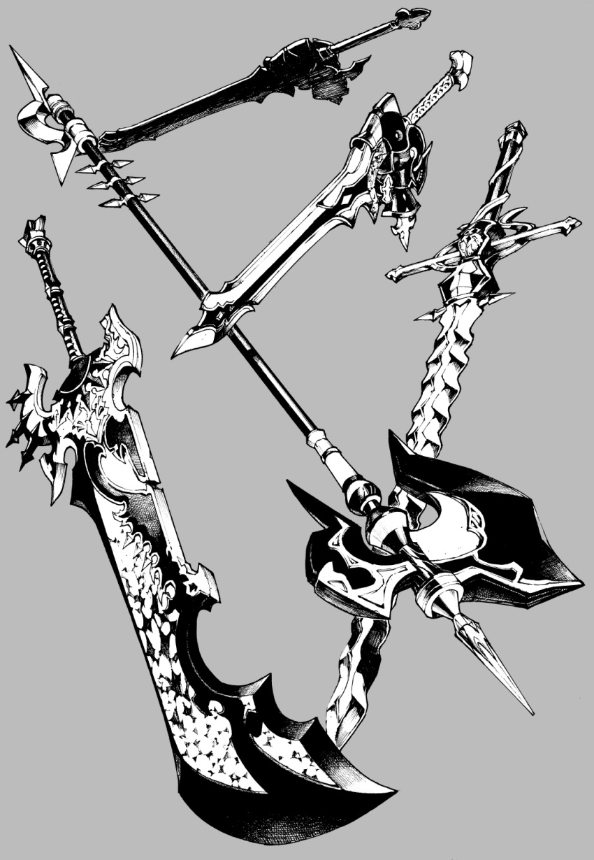 3d axe grey_background greyscale hatching_(texture) highres monochrome no_humans original routo simple_background sword weapon weapon_focus
