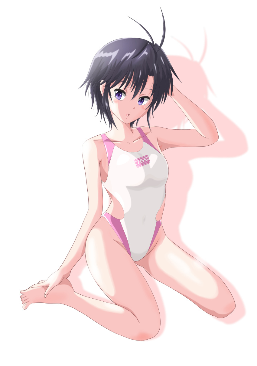 1girl absurdres antenna_hair barefoot black_eyes black_hair collarbone commentary_request competition_swimsuit highleg highleg_swimsuit highres idolmaster kikuchi_makoto looking_at_viewer one-piece_swimsuit royalhouse_03 short_hair simple_background sitting solo swimsuit wariza white_background white_swimsuit