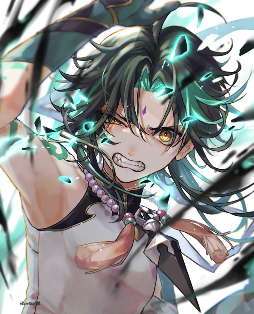1boy ahoge arm_guards arm_tattoo asymmetrical_clothes bangs bead_necklace beads black_gloves black_hair clenched_teeth commentary detached_sleeves diamond-shaped_pupils diamond_(shape) dynamic_pose eyeshadow facial_mark forehead_mark genshin_impact gloves green_gloves green_hair half-closed_eye highres jewelry long_hair looking_at_viewer makeup multicolored_hair necklace parted_bangs pendant red_eyeshadow shiraishi_(siraisi00) short_hair short_hair_with_long_locks signature single_bare_shoulder single_detached_sleeve slit_pupils solo symbol-shaped_pupils tassel tattoo teeth toned toned_male twitter_username two-tone_hair upper_body white_background xiao_(genshin_impact) yellow_eyes