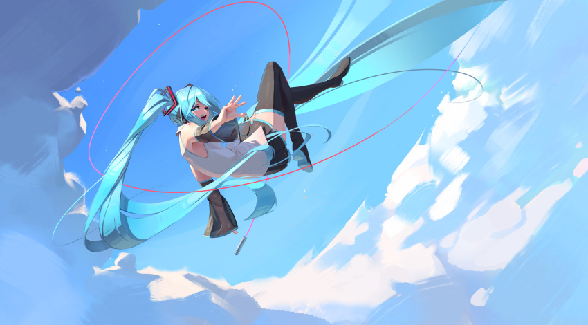 1girl 39 aqua_eyes aqua_hair bare_shoulders blue_sky boots clouds dutch_angle flying from_behind from_side hatsune_miku highres long_hair looking_at_viewer peaceablecolt shoulder_tattoo sky smile solo tattoo thigh-highs thigh_boots thighs twintails very_long_hair vocaloid wide_sleeves zettai_ryouiki