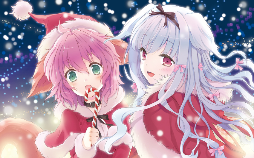 :d :o animal_ears candy_cane christmas cuteg dog_ears dog_tail fang hair_ribbon hat highres lily_(w&amp;l) lily_(wanko) multiple_girls open_mouth ribbon santa_costume santa_hat smile tail wallpaper wanko wanko_to_lily
