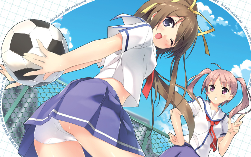 ass ball blue_eyes blush_stickers cube hair_ribbon highres kantoku katsuragi_chie miyazawa_midori multiple_girls natsu_no_ame panties pantyshot pink_hair ponytail purple_eyes ribbon school_uniform seifuku sky smile soccer soccer_ball telstar twintails underwear wallpaper wink