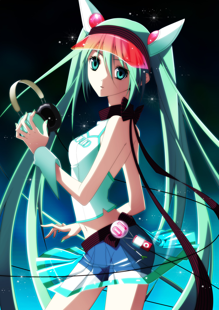 absurdres digital_media_player fugashi green_eyes green_hair hatsune_miku headphones highres ipod long_hair midriff navel see-through skirt solo spring_onion twintails very_long_hair visor visor_cap vocaloid wrist_cuffs