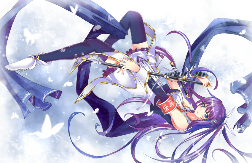 blue_dam blue_eyes blush butterfly dao detached_sleeves green_eyes hair_ribbon highres long_hair open_mouth original os personification ponytail purple_hair ribbon silversirius skirt solo sword thigh-highs thighhighs weapon zettai_ryouiki