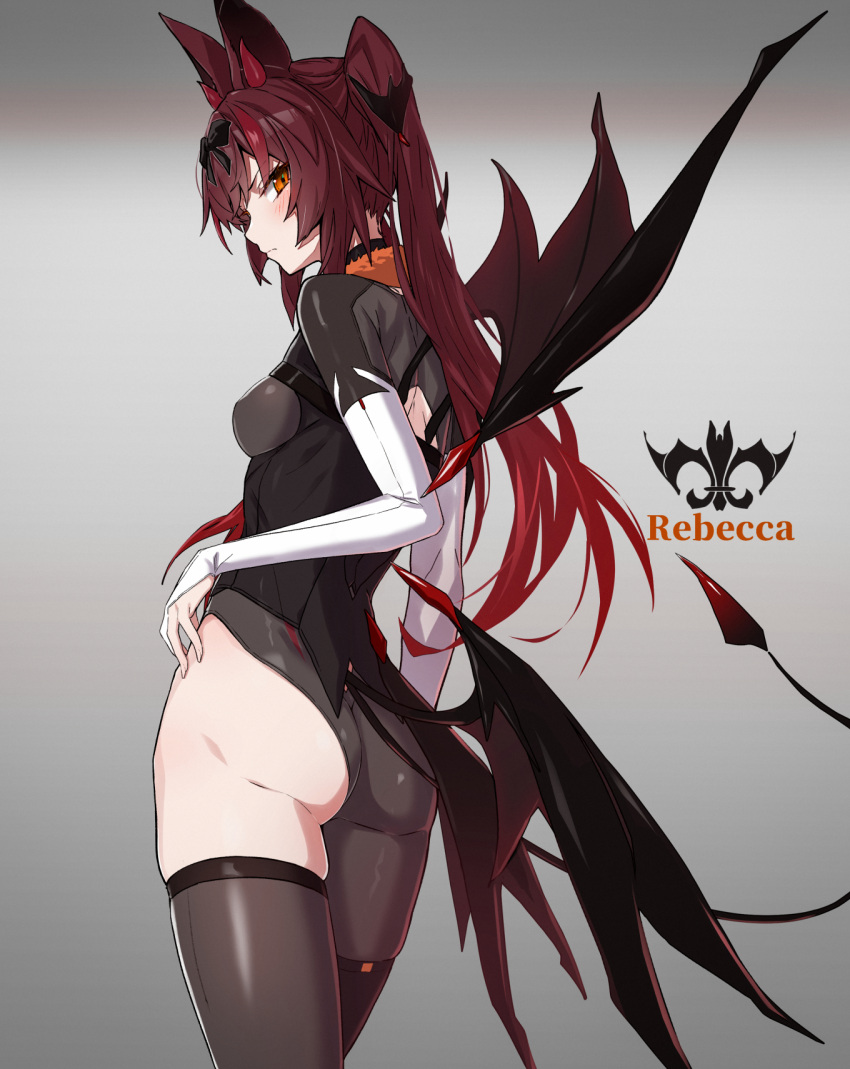 1girl animal_ears ass bangs black_bow black_legwear black_wings blush bow breasts bridal_gauntlets closed_mouth commentary_request demon_girl demon_tail demon_wings from_behind gradient gradient_background hair_bow hair_ornament hand_on_hip highres horns long_hair looking_at_viewer looking_back orange_eyes original red_eyes redhead simple_background single_thighhigh small_breasts solo standing tail takanashi_kei_(hitsujikan) thigh-highs thighs twintails wings