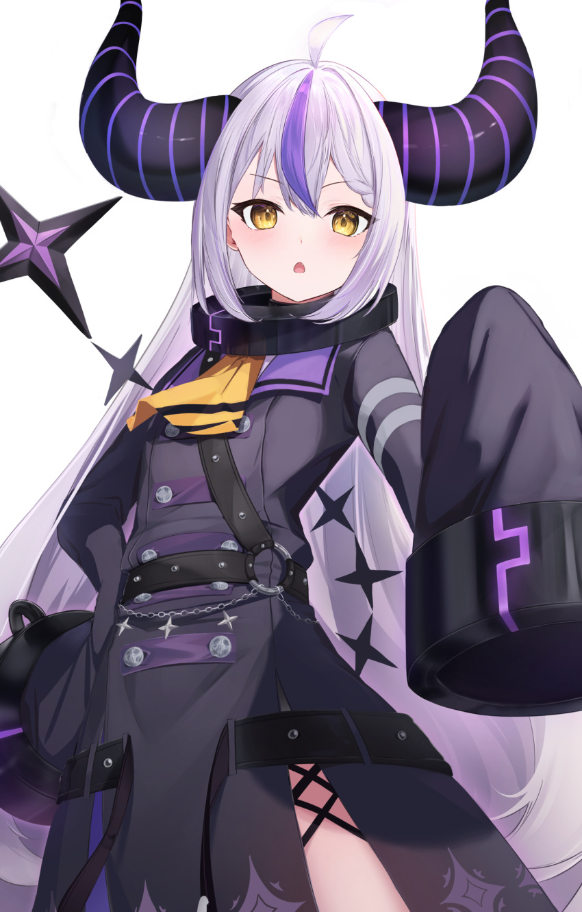 1girl ahoge ascot belt black_coat blush braid braided_bangs coat cowboy_shot hand_on_hip highres hololive horns la+_darknesss long_hair looking_at_viewer multicolored_hair nokke_o open_mouth purple_hair sidelocks silver_hair solo streaked_hair tail very_long_hair virtual_youtuber white_background yellow_ascot yellow_eyes