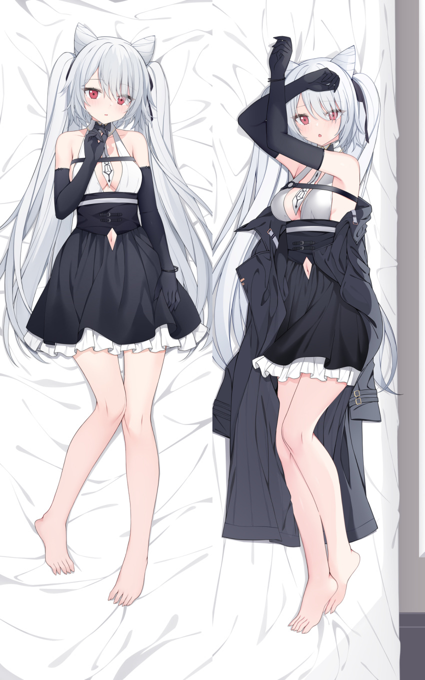 1girl :o armpits arms_up azur_lane bangs bare_legs bare_shoulders barefoot bed_sheet black_coat black_gloves black_skirt blush bracelet breasts clothing_cutout coat coat_removed corset dakimakura_(medium) elbow_gloves eyebrows_visible_through_hair frilled_skirt frills from_above full_body gloves hair_cones high-waist_skirt highres jewelry jyt kiev_(azur_lane) kiev_(backstreet_silver_sonata)_(azur_lane) long_hair lying medium_breasts multiple_views navel_cutout necktie on_back on_bed on_side open_mouth parted_lips red_eyes silver_hair skirt sleeveless twintails very_long_hair white_necktie