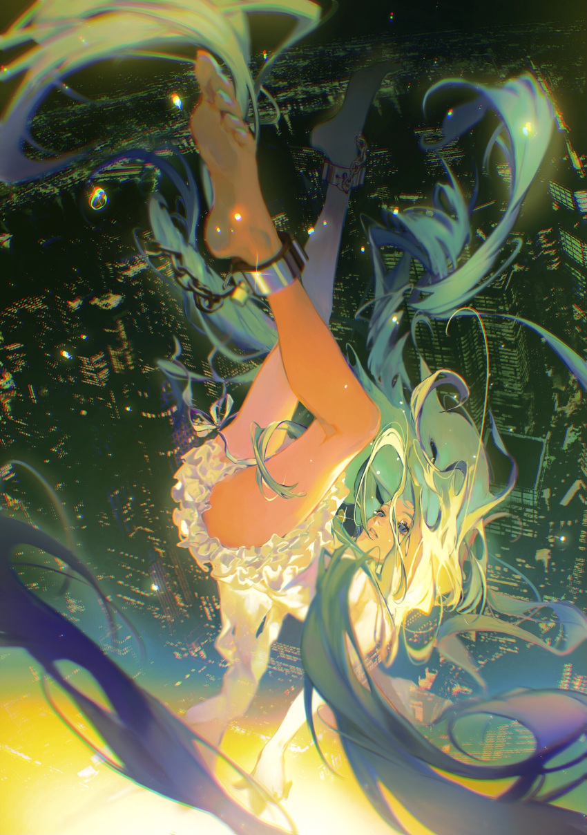 1girl absurdly_long_hair absurdres aqua_hair barefoot blonde_hair blue_eyes blurry building chain city city_lights cityscape cuffs depth_of_field dress falling feet floating_hair frilled_dress frills from_above full_body green_hair green_nails highres kojeo long_hair looking_afar looking_up midair multicolored_hair night original outdoors outstretched_arm parted_lips petticoat plantar_flexion shackles short_dress skyscraper soles solo tears toes two-tone_hair very_long_hair water_drop white_dress