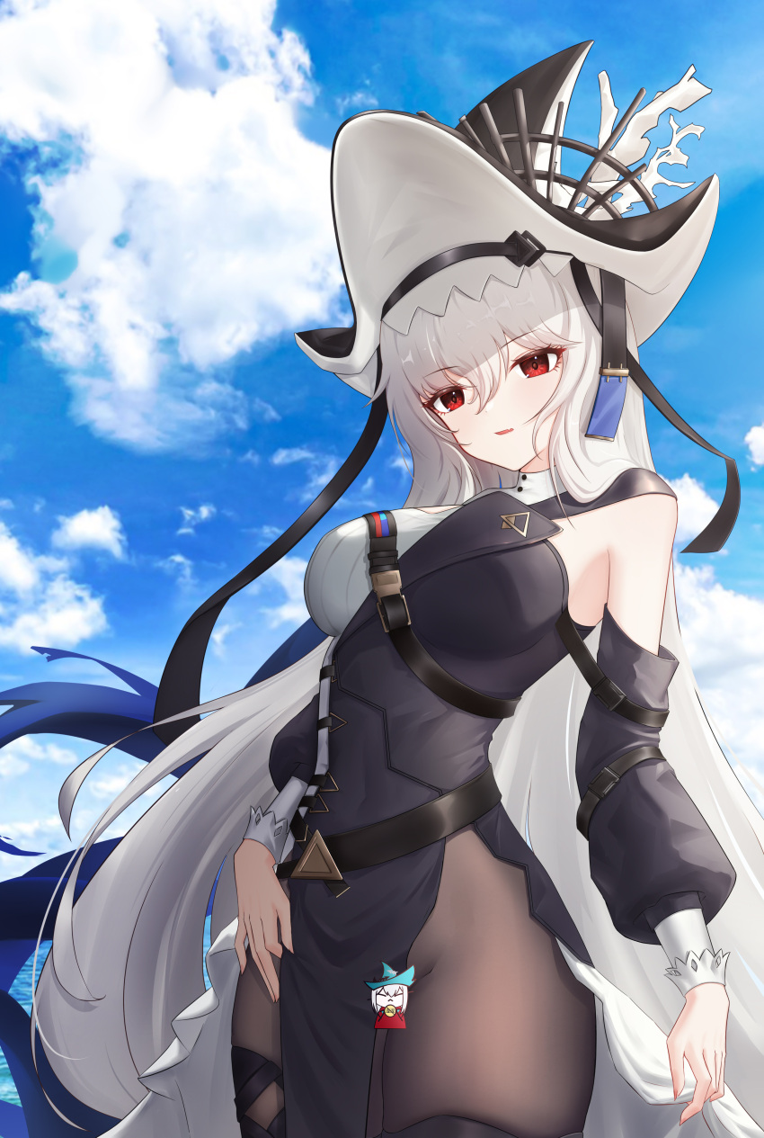 1girl absurdres arknights bangs bare_shoulders belt black_belt black_dress black_headwear black_legwear blue_sky breasts censored character_censor chinese_commentary clouds commentary_request cowboy_shot day detached_sleeves dress eyebrows_visible_through_hair hair_between_eyes highres jndfh large_breasts long_hair long_sleeves novelty_censor outdoors pantyhose parted_lips red_eyes skadi_(arknights) skadi_the_corrupting_heart_(arknights) sky solo specter_(arknights) specter_the_unchained_(arknights) standing very_long_hair white_hair