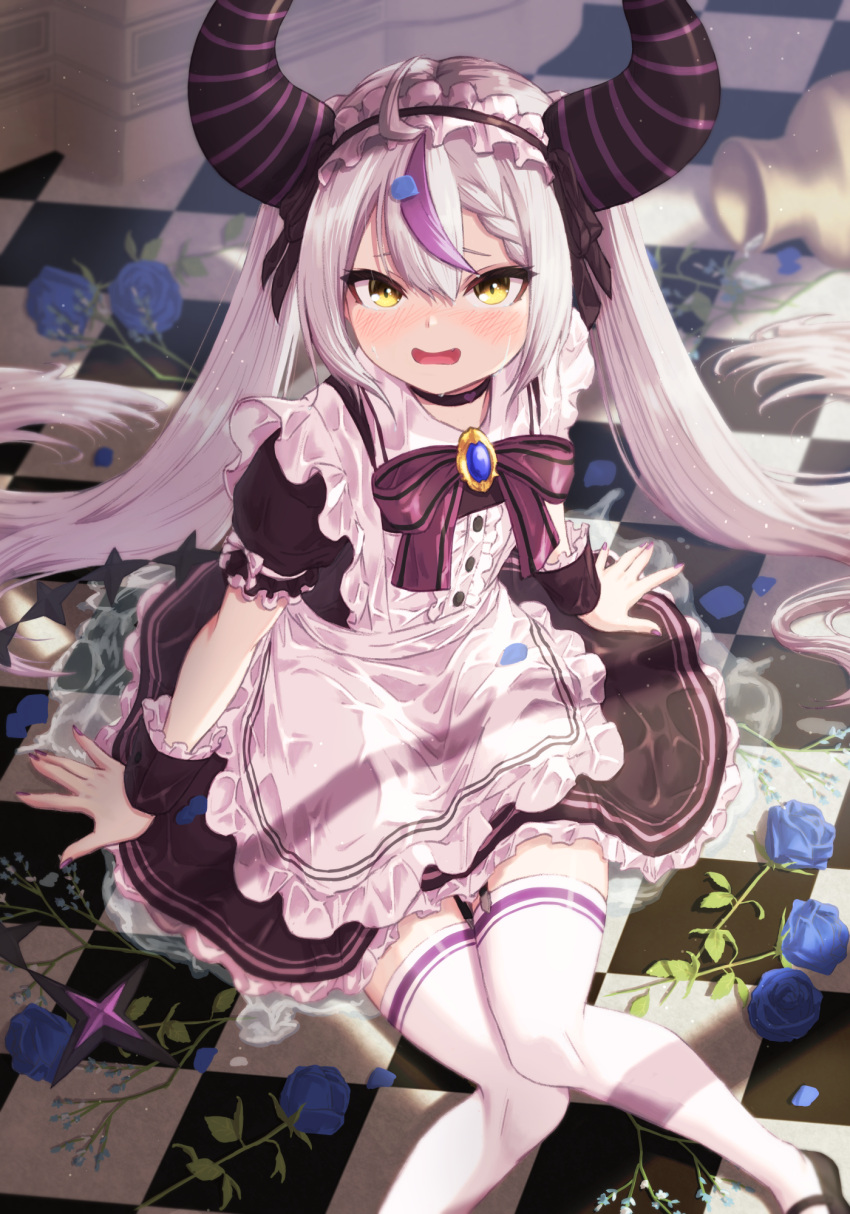 1girl black_ribbon blue_flower blue_gemstone blue_rose blush bowsan checkered choker dress flower flustered frilled_dress frills gem hair_ornament headband highres hololive horns indoors la+_darknesss long_hair looking_at_viewer maid mary_janes multicolored_hair nail_polish on_floor open_mouth purple_hair purple_nails ribbon rose shoes silver_hair solo streaked_hair tail thigh-highs tiles twintails very_long_hair water wet wet_clothes yellow_eyes