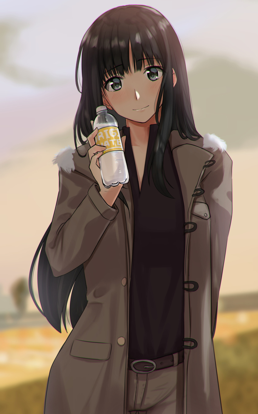 1girl absurdres amagami ayatsuji_yukari black_eyes black_hair black_shirt blurry blurry_background bottle brown_coat brown_pants coat commentary_request contrapposto cowboy_shot highres long_hair looking_at_viewer pants shirt smile solo standing ykh1028