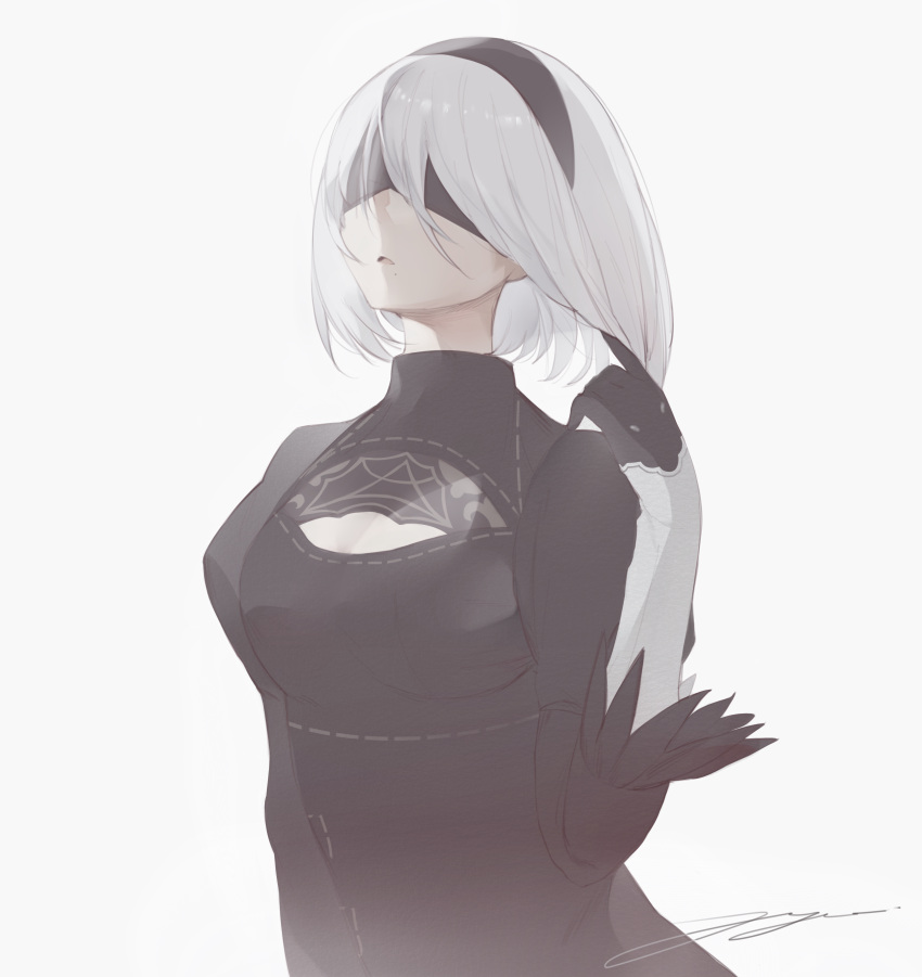 1girl absurdres artist_name black_dress black_hairband blindfold cleavage_cutout clothing_cutout dress feather-trimmed_sleeves gloves hairband hand_up highres juliet_sleeves long_sleeves medium_hair nier_(series) nier_automata parted_lips puffy_sleeves signature simple_background solo upper_body yorha_no._2_type_b yuishironeko