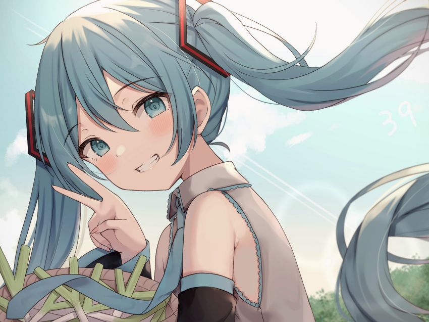 1girl absurdres amai_melo armpits bangs basket blue_eyes blush collar detached_sleeves floating_hair food grin hair_ornament hatsune_miku head_tilt highres light_rays long_hair long_sleeves looking_at_viewer looking_back necktie outdoors shirt sky sleeveless sleeveless_shirt smile solo spring_onion turning_head twintails v vocaloid