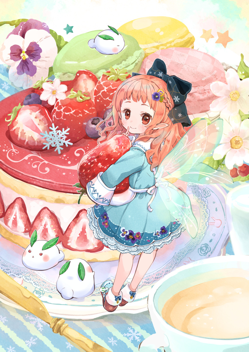 1girl absurdres bare_legs blush boots bow braid butter_knife cake closed_mouth coffee_cup collared_dress cup disposable_cup dress fairy fairy_wings floral_print flower food footwear_bow frilled_dress frills from_behind fruit hacosumi hair_bow hair_flower hair_ornament hand_on_own_chin highres holding holding_food index_finger_raised long_hair long_sleeves looking_at_viewer macaron orange_eyes orange_hair original oversized_clothes oversized_food patterned_clothing petticoat plate pointy_ears ribbon shoes short_dress sleeve_cuffs smile snow_bunny snowflakes solo star_(symbol) strawberry strawberry_shortcake wings