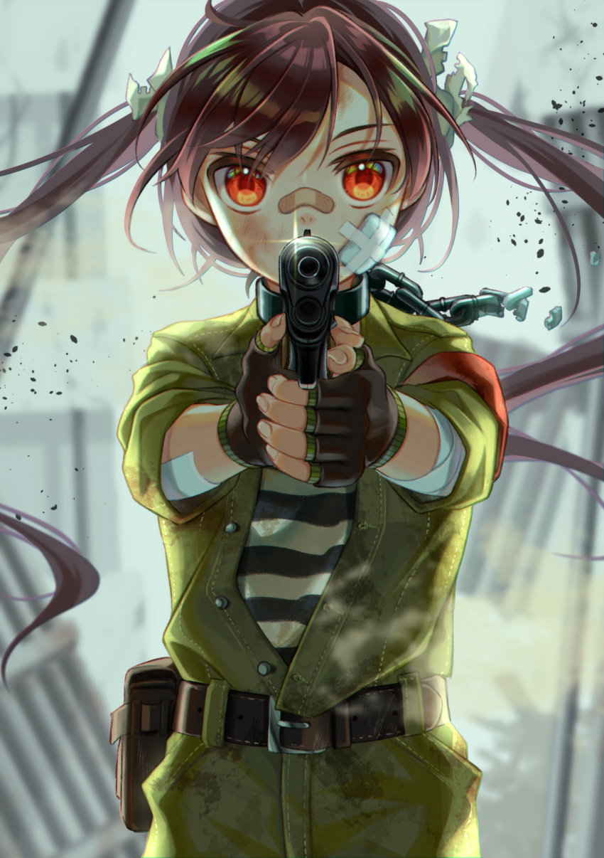 1girl absurdres aiming aiming_at_viewer armband bandaged_arm bandages bandaid bandaid_on_arm bandaid_on_cheek bandaid_on_face bandaid_on_nose bangs belt belt_pouch black_gloves blood blood_on_clothes blood_stain blurry broken broken_chain brown_hair bruise bruise_on_face chain collar covered_mouth cuffs day depth_of_field dust fingerless_gloves fingernails floating_hair gloves green_jumpsuit gun hair_ribbon handgun highres holding holding_gun holding_weapon injury jumpsuit km_kaminashi long_hair looking_at_viewer original outdoors outstretched_arms own_hands_together partially_unbuttoned pouch red_eyes ribbon ruins shackles shards solo straight-on straight_hair swept_bangs torn_ribbon twintails upper_body very_long_hair weapon white_ribbon