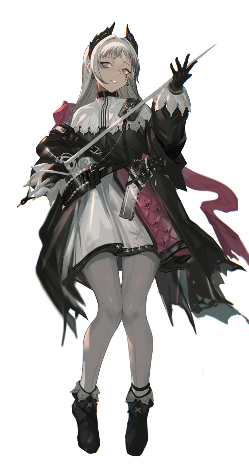 1girl absurdres arknights bangs black_footwear black_gloves black_jacket black_shirt capelet chinese_commentary chong_(547342983) commentary_request full_body gloves grey_eyes grey_legwear head_wings highres holding holding_sword holding_weapon irene_(arknights) jacket long_hair long_sleeves looking_at_viewer miniskirt open_clothes open_jacket pantyhose parted_lips rapier scar scar_across_eye shirt shoes simple_background skirt solo sword weapon white_background white_capelet white_hair white_skirt